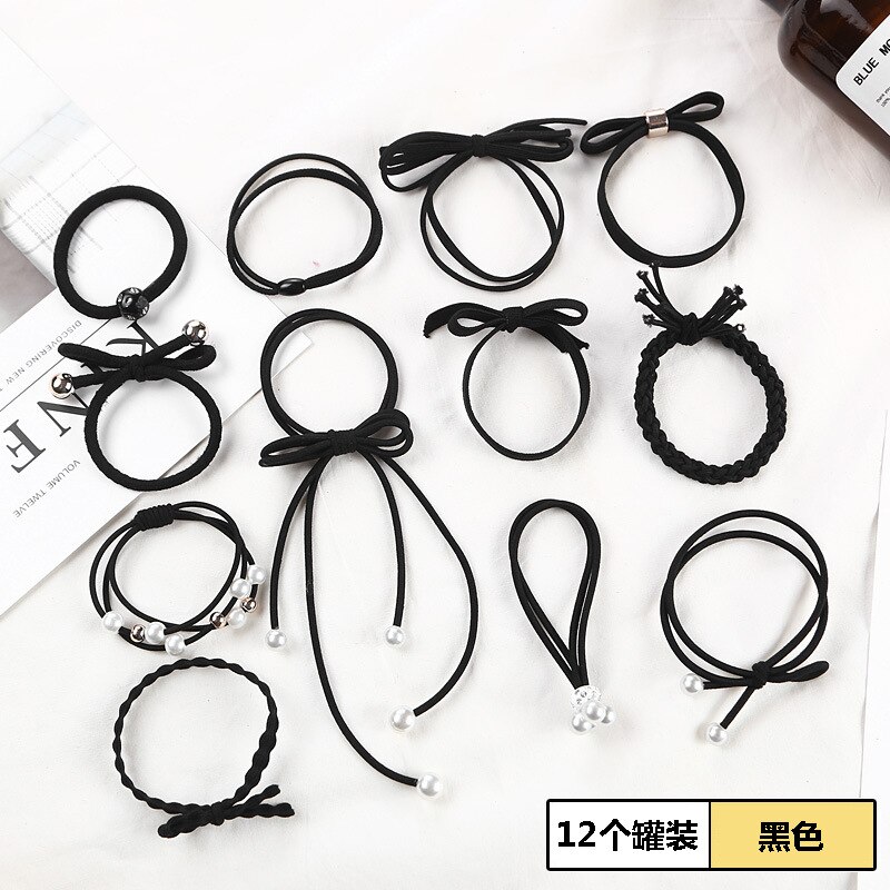 12-Pieces Girls Pink Hair Rope Hairband Korean-Style Headwear Set Hair Tie Rubber Band Hair Rope Boutiques: Tz05 Black 12 Pieces