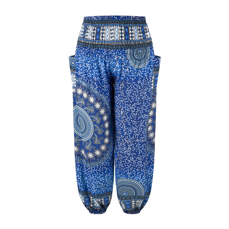 Men Thai Harem Pants Casual Trousers Loose Elastic Waist Vintage Print High Waisted Beach Pants Unisex Women Drawstring: D101794