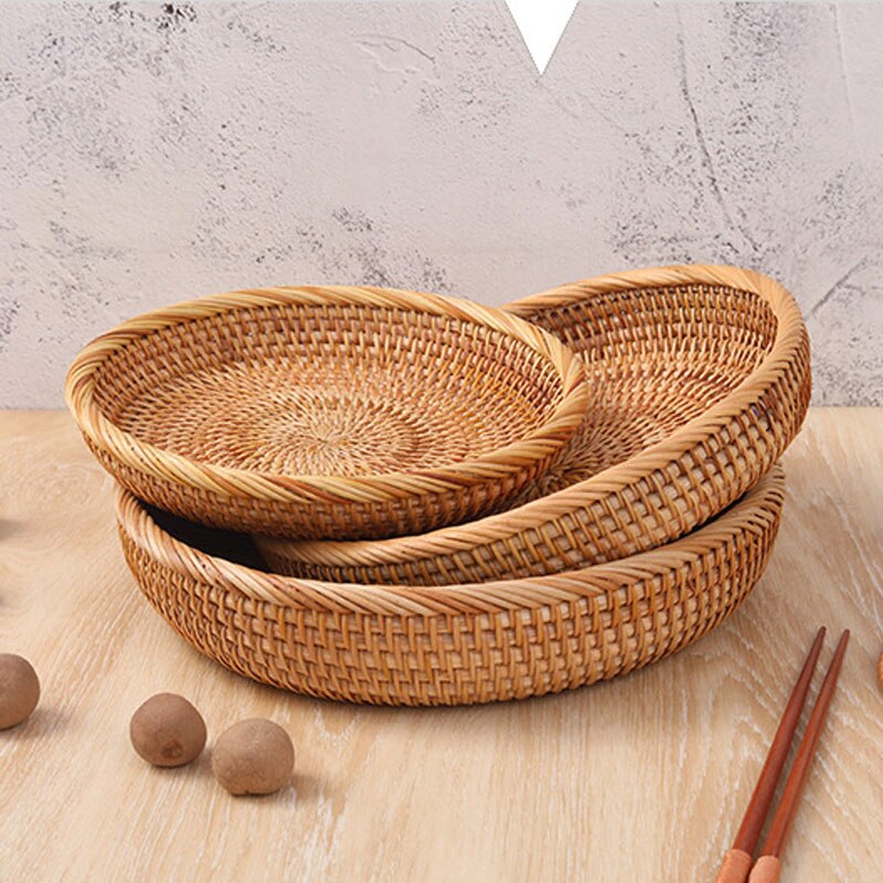 Rattan Storage Tray Handwoven Round Wicker Basket Bread Food Plate Fruit Cake Platter Dinner Serving Box Kitchen Decoration Item