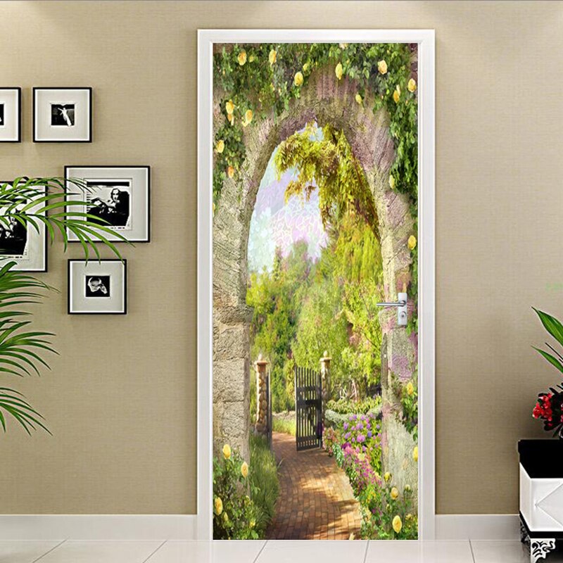 European Style Stone Pillar Garden View Door Sticker Living Room Restaurant Decor Wallpaper PVC Self-Adhesive Stickers