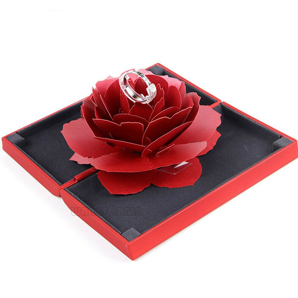 Ringe æske bryllup forlovelsesring rose blomsteræsker 3d vintage til smykker display opbevaring holder: Rød