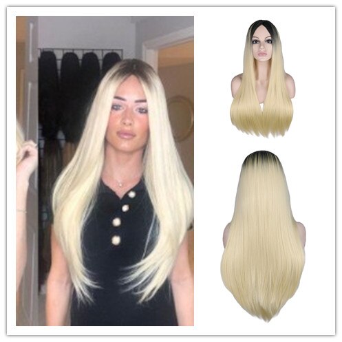 Grillige W Lange Rechte Zwarte Pruiken Voor Vrouwen Zwart Blond Natuurlijke Middelste Deel Hittebestendige Haar Synthetische Pruik: black blonde