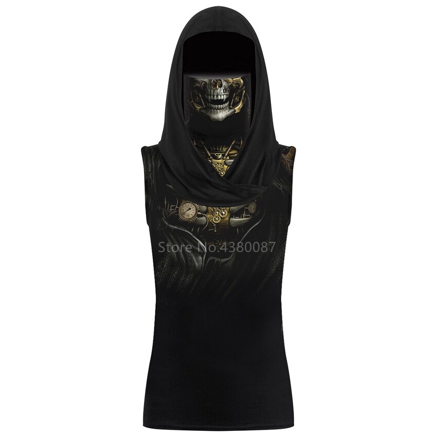 Summer Halloween Skeleton Print Cosplay Costume Women Hooded Tank Top Ear Hanging Mask Scary Horror Carnival Party Sleeveless