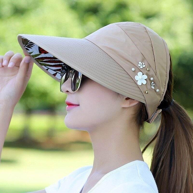 Gorras de protección solar plegables para exteriores, sombrero de playa para mujer, sombrero de playa, visores casuales Anti-UV con protección UV: Caqui