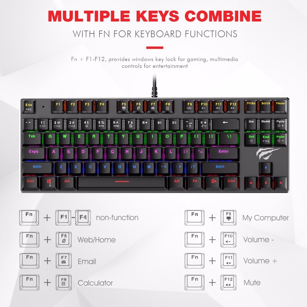 HAVIT Mechanical Keyboard 87 / 104 Keys Blue / Red Switch Wired USB Gaming Keyboard Backlight RU/US Keyboard For Desktop Laptop