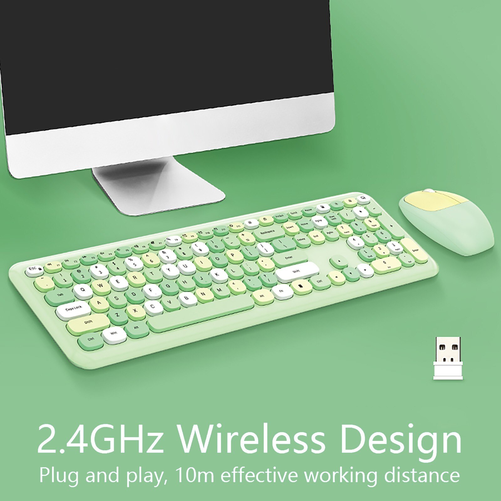 Wireless Keyboard And Mouse Combo, Pink Wireless Keyboard, 2.4ghz Retro Full Size With Number Pad & Cute Wireless Mouse For Comp: Green