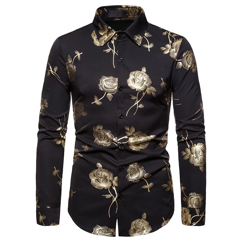 Blommiga skjortor för män manlig slim fit långärmad skjorta män svart vit blomtryck business casual skjortor s -2xl: Svart / Xxl