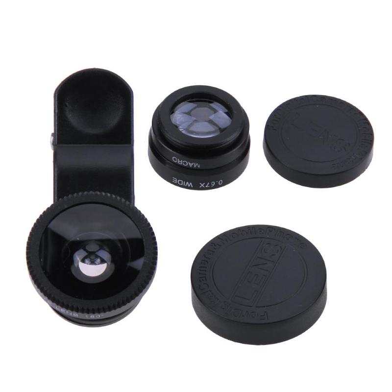 3 en 1 Mini objectif de caméra Fisheye avec pince téléphone Portable grand Angle Macro Kit d'objectif de caméra Portable démontable accessoires Photo: Black