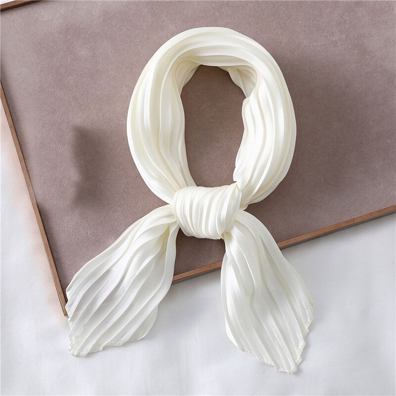 Silk Pleated Scarf Square Scarf For Women Small Scarves Soft Satin Neckerchief Decorative Headscarf Solid Hair Scarf Summer: Beige