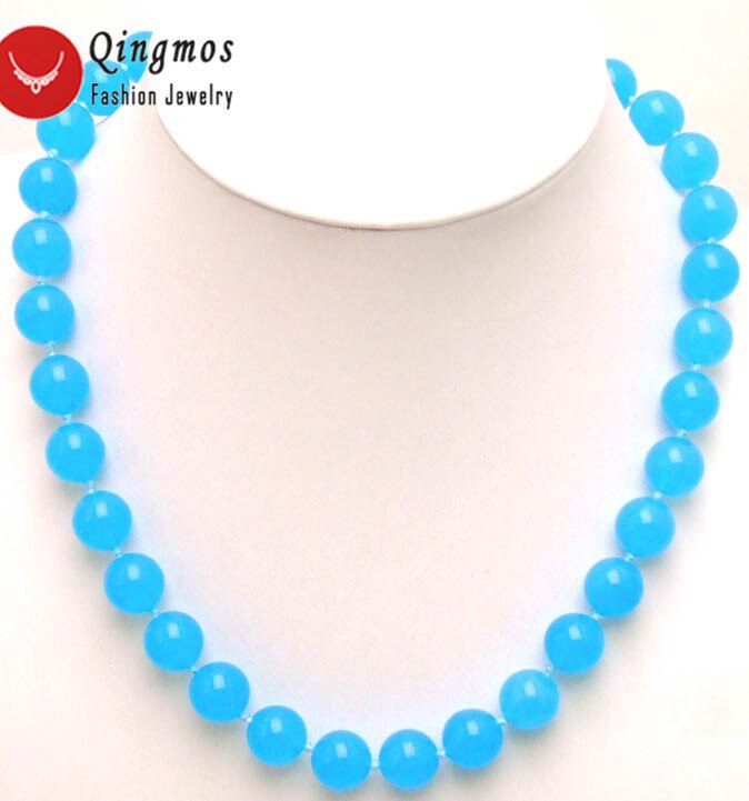 Qingmos Natural 12mm Round Light Green Jades Necklace for Women with Genuine Stone Necklace Chokers 18" Jewelry nec8406: Sky Blue