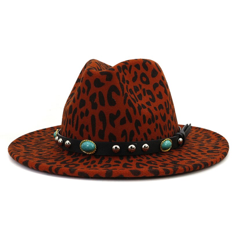 Qbhat unisex europeisk stil dam ull fedorahattar med turkos läder band bred brätte leopardmönstrad jazz filt hatt: Vin, röd