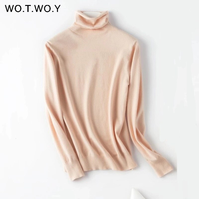 Wotwoy höst vinter slimmad tröja dam basic bottenstickat dam stickade bomullströjor femme jumper: 8260- aprikos