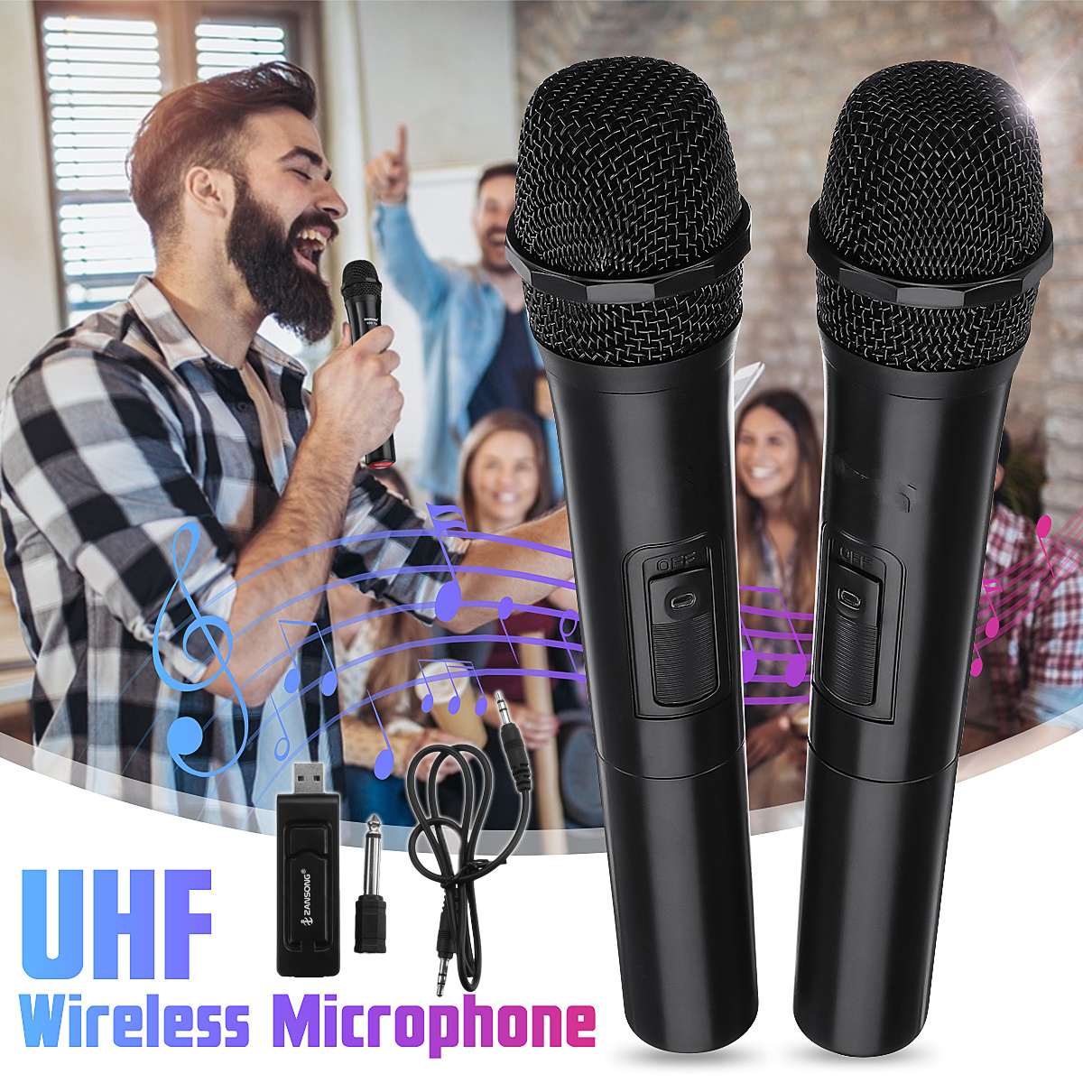 2PCS UHF USB 3.5mm 6.35mm Wireless Microphone Megaphone Handheld Mic with Receiver for Karaoke Speech Loudspeaker