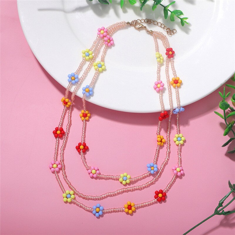 HangZhi 2020 Nuovo 3 pz/impostato Della Boemia A più Strati Etnico Fiori Colorati in Resina Collane di Perline Dichiarazione Delle Donne di Vacanza Gioielli