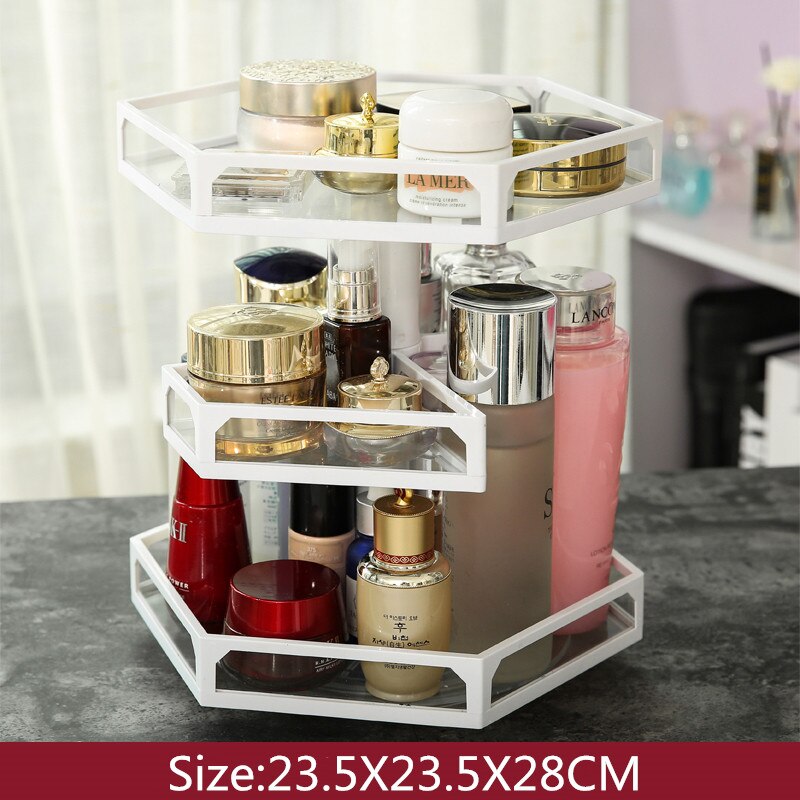 Hjem kosmetisk rack glas roterende smykker opbevaringsholder soveværelse badeværelse skrivebord stand makeup arrangør hylde parfume butikskasse: Tre lag hvide