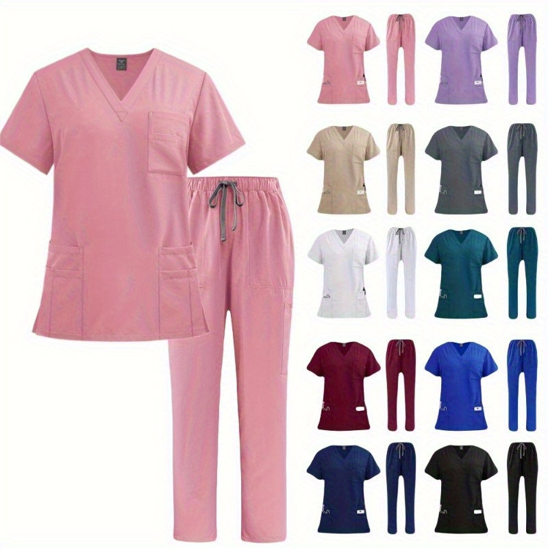 Conjunto de dos piezas de uniforme de enfermera neutro y uniforme de hospital con cepillo de mano para enfermeras, médicos y personal de enfermería