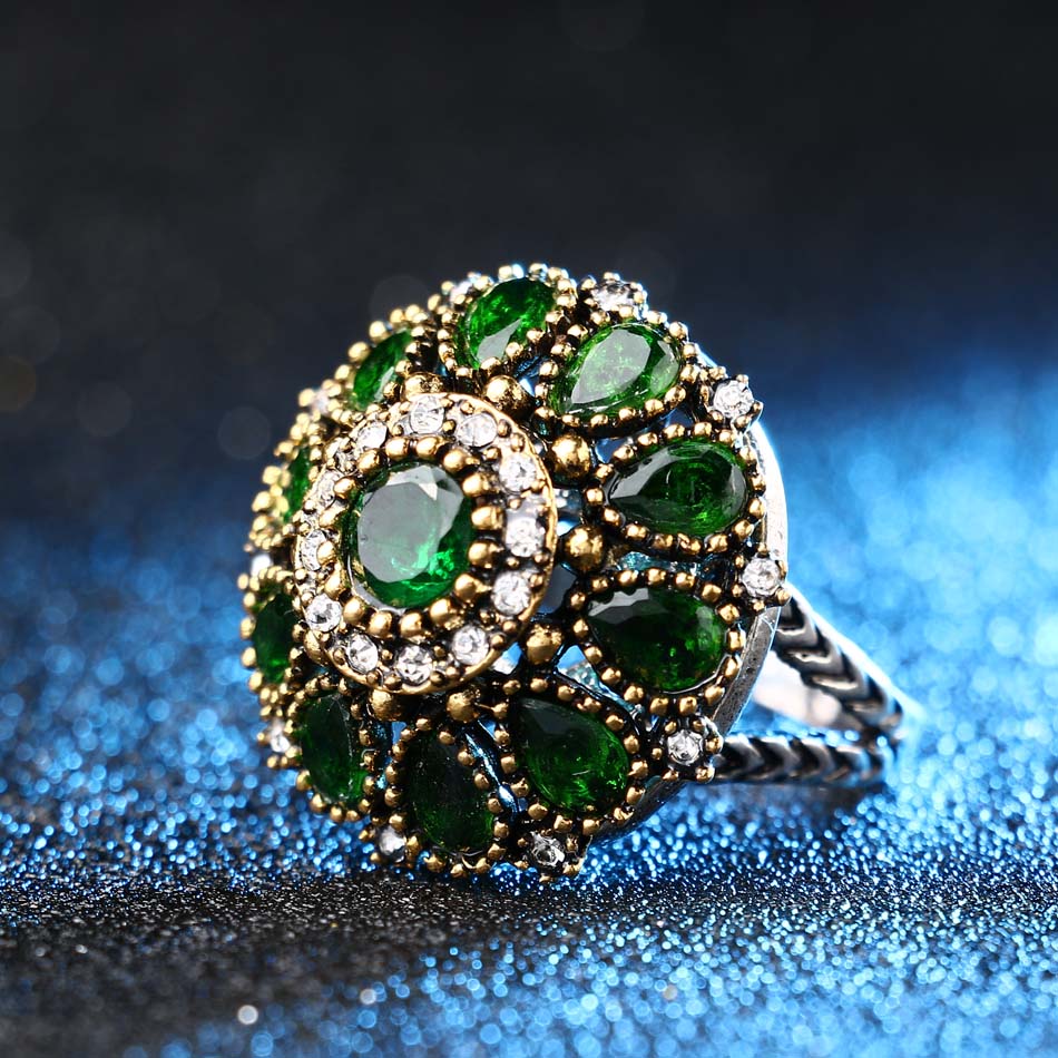 Kinel Heißer Blume Kristall Hochzeit Ringe Für Frauen Jahrgang suchen Runde Farbe Gold Mosaik verrotten Harz Türkei Schmuck