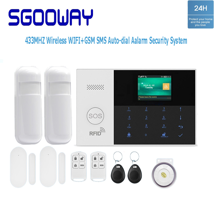 Sgooway factory 433 mhz trådløs wifi & gsm sms auto-dial alarm sikkerhedssystem med lav batteri advarsel
