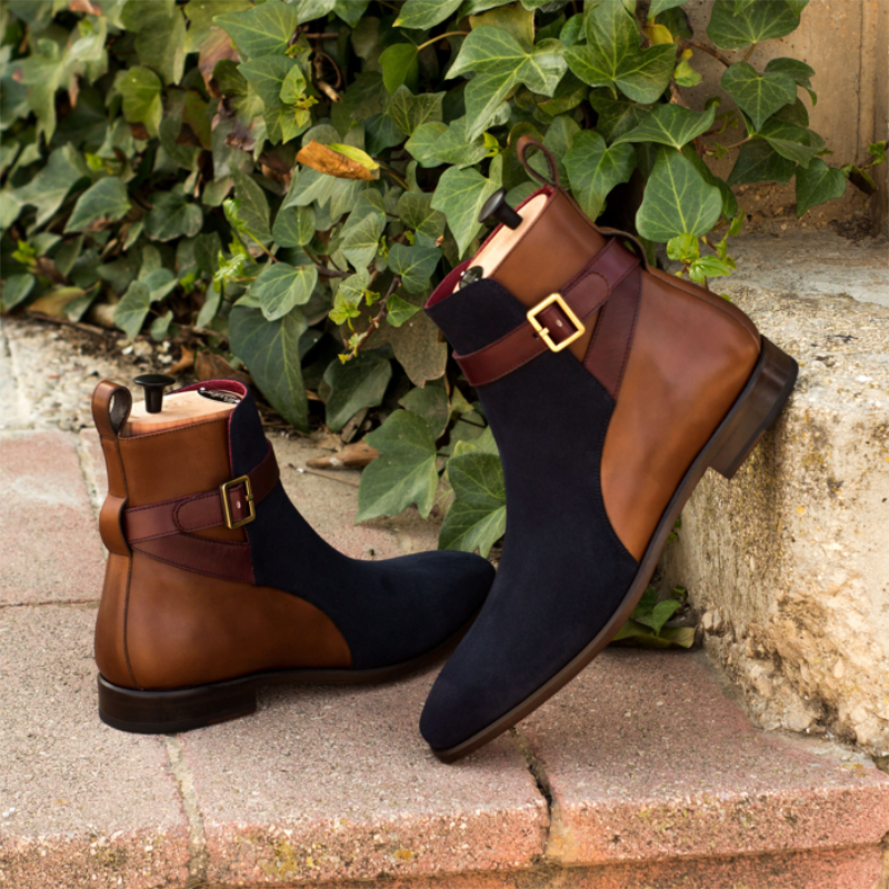 Botas de ante con costura azul-marrón para hombre, Botines Chelsea hechos a mano con hebilla, punta estrecha y tacón bajo, clásica que combina con todo, ZZ147