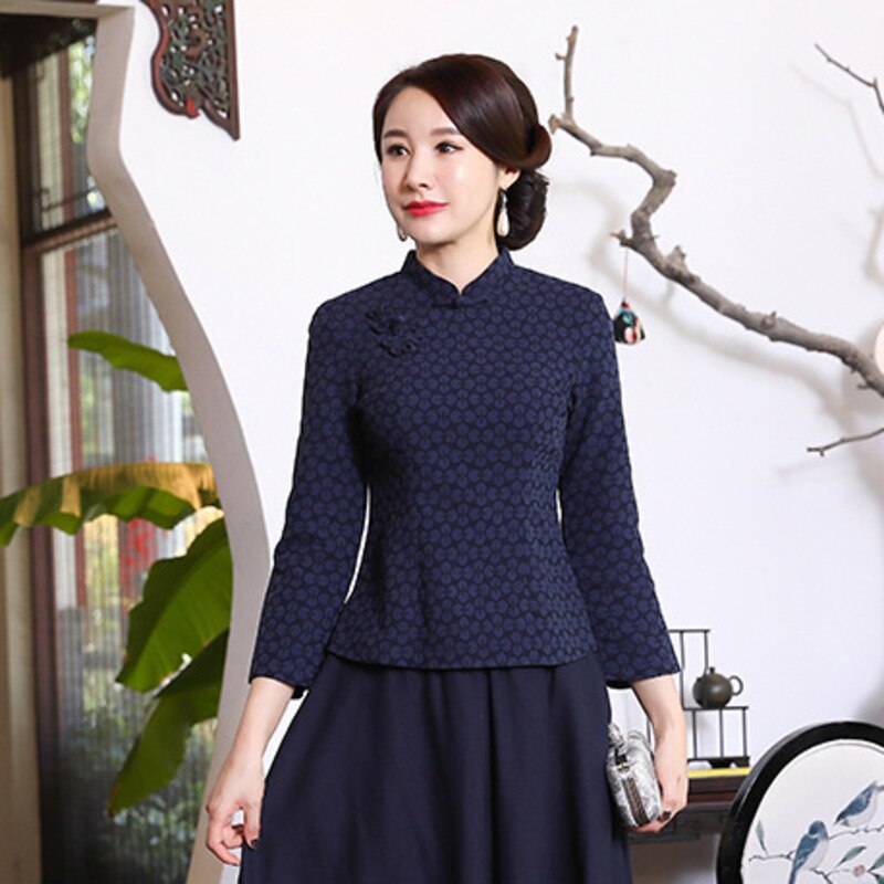 Chinese Style Long Sleeve Cotton Blouse Navy Blue Chinese Shirts Retro Qiapo Tops Female Classic Chinese Clothes