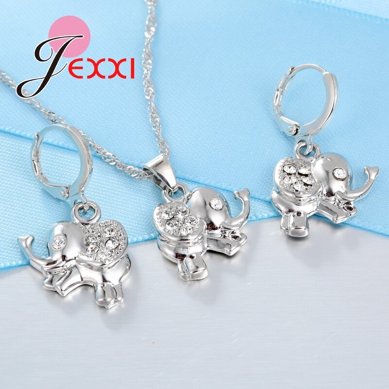 Lovely 925 Sterling Silver Chain Cubic Zirconia Elephant Necklace Earrings Sets Bijoux Dress Jewelry Accessories