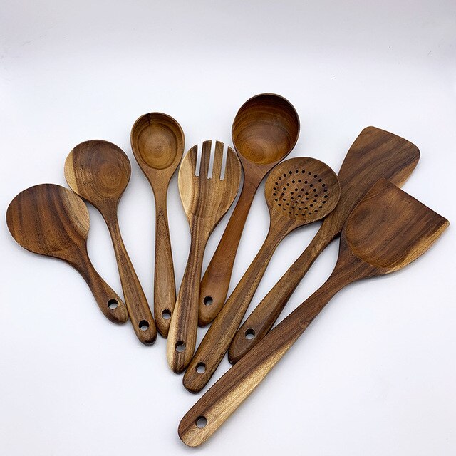 1-9 unids/set juego de utensilios de cocina de madera, cucharas de madera para cocinar, utensilios, cucharas de madera de teca Natural para de sartén antiadherente: Amarillo claro
