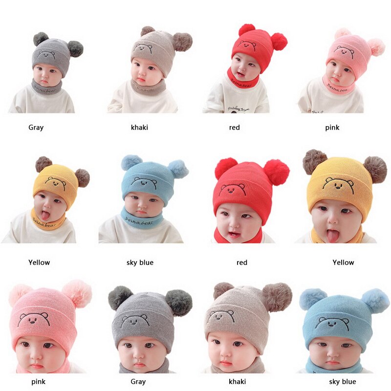 2Pcs Toddler Hat +Twitter Pompon Winter Children Hat Bonnet Enfant Knitted Cute Cap For Girls Boys 0-36 Months
