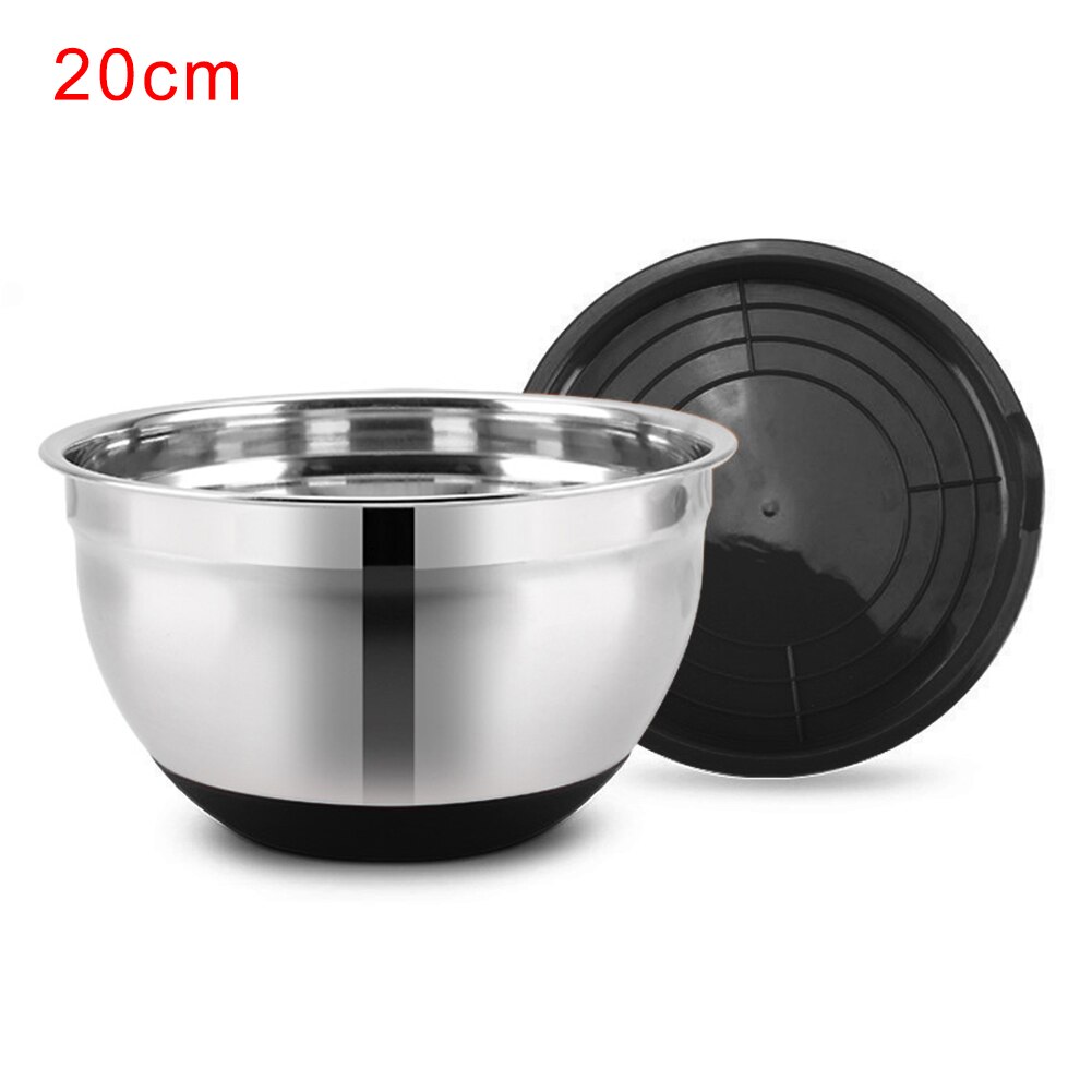 Cuenco de mezcla de vajilla inferior de silicona, recipiente antideslizante para comida, utensilio de cocina grueso de acero inoxidable con tapa: 20cm