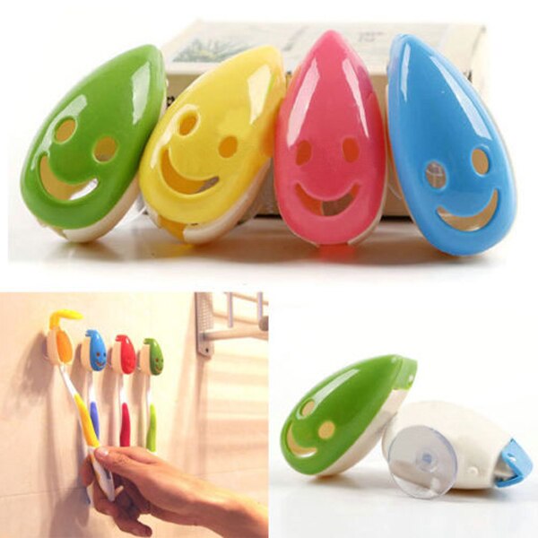 Lovely Smiley Face Toothbrush Holder Stand Mount Strong Suction Cup Home Bathroom Accessories 4pcs