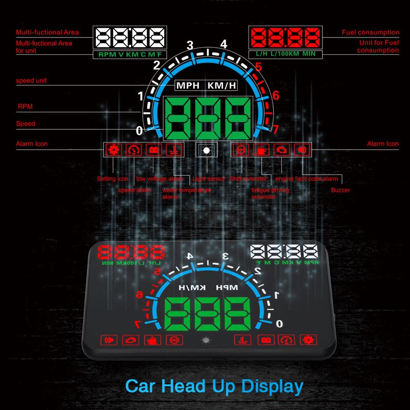 Car Universal HUD Head Up Display OBD2 Head-Up Speed Projector Safe Driving System Security Alarm Water temp Overspeed RPM