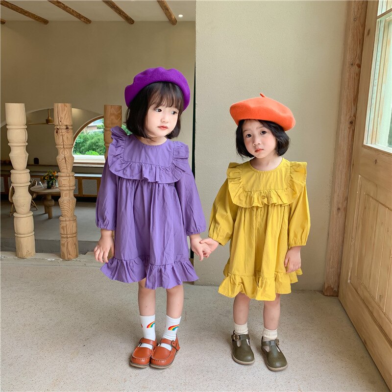 Autumn Girls Solid Long Sleeve Dress Kids Korean Dress