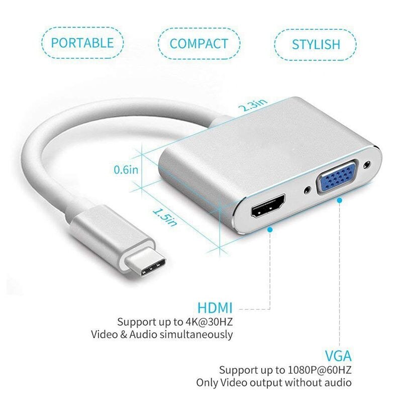Usb c til hdmi + vga, usb type c (thunderbolt 3- kompatibel) til hdmi 4k+ vga-adapter, kompatibel macbook pro/chromebook pixel/dell x