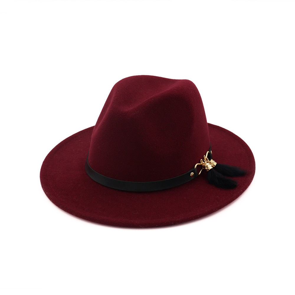 HanXi Winter Women Hat Wool Fedoras Felt Hat Lady Classical Flat Brim Cap PU Leather Band Metal Buckle: redwine