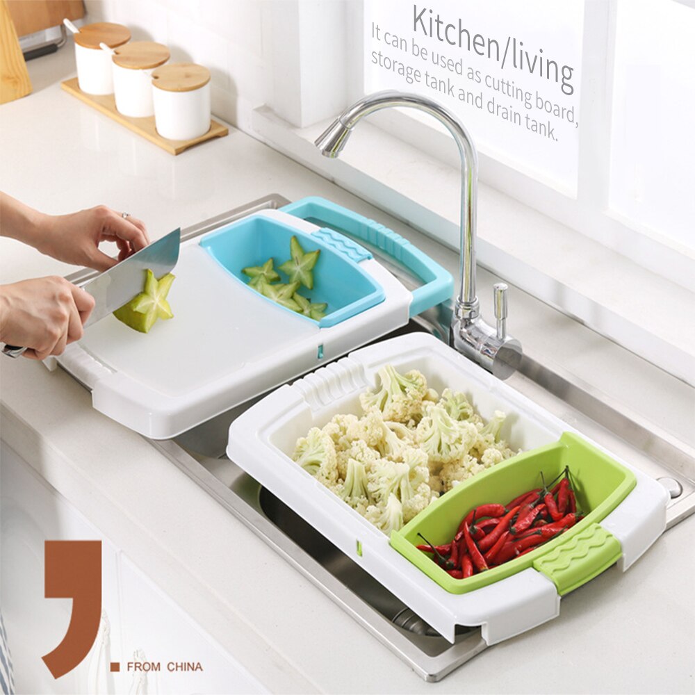 Multifunctionele Keuken Gadget Multifunctionele Keuken Snijplank Met Afvoer Mand Fruit Groente Snijden Intrekbare Board