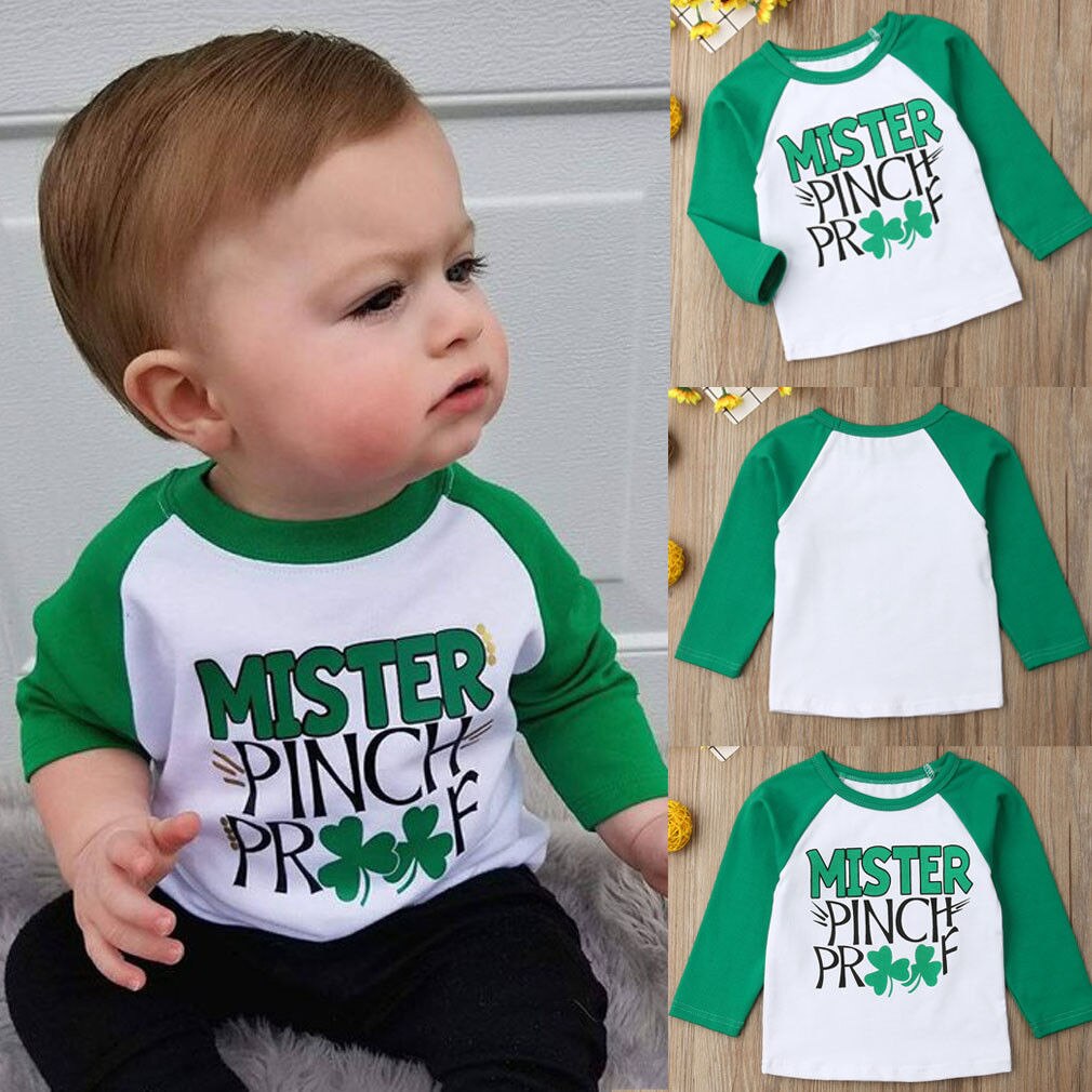 Zomer Baby Jongens Meisjes Tops Mister Pinch Proof Brief Gedrukt Lange Mouwen Tee Trui Groene St. Patricks Day Kostuum