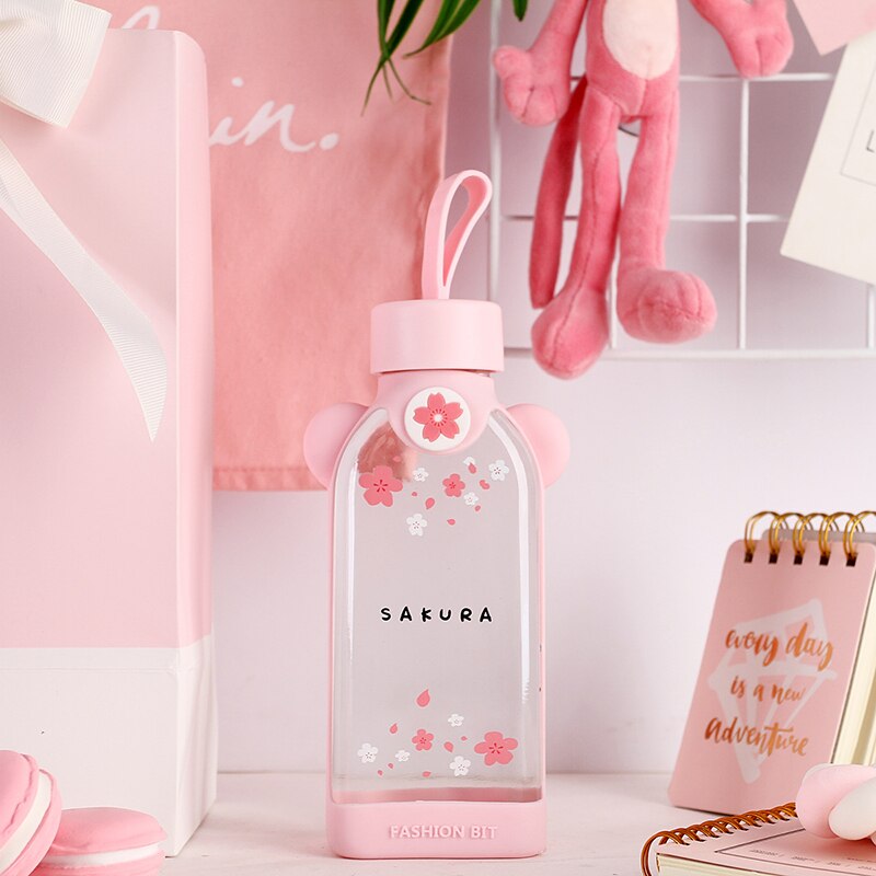 Botella de agua de Flamenco de cristal plano a prueba de fugas, de flores de cerezo, transparente, creativa, bonita, portátil, para estudiantes: Blanco