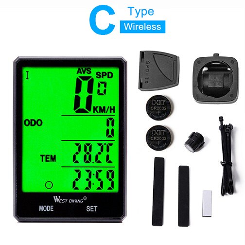West cycling draadloze fietscomputer waterdichte grote scherm fietscomputer fiets snelheidsmeter kilometerteller led digitaal horloge snelheidsmeter: C-type