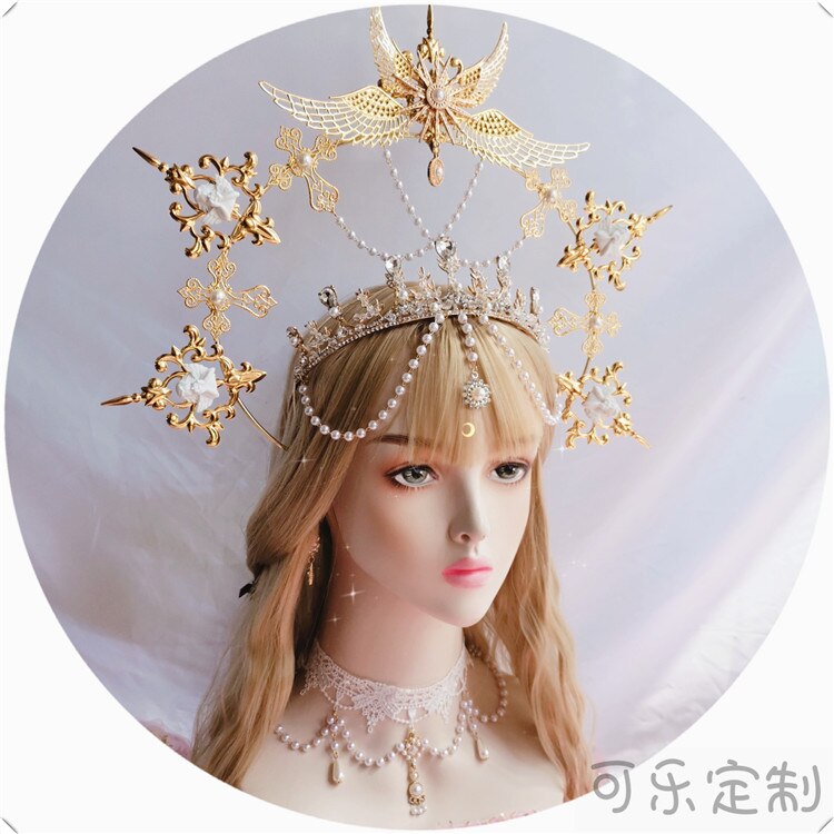 Gothique Lolita KC gothique or Halo ailes d'ange soleil marraine vierge marie déesse casque perle chaîne mariée cheveux accessoires