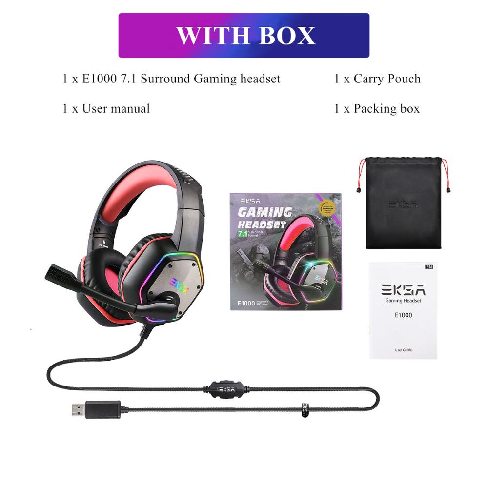 EKSA E1000 oyun kulaklığı 7.1 Surround ses kablolu kulaklık Gamer PC için PS4 RGB ışık ile gürültü iptal Mic oyun kulaklık: Red with Box