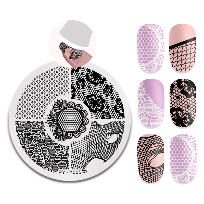 PICT YOU Grid flores encaje uñas estampadas placas patrones de encaje redondo Acero inoxidable Nail Art esténcil herramientas