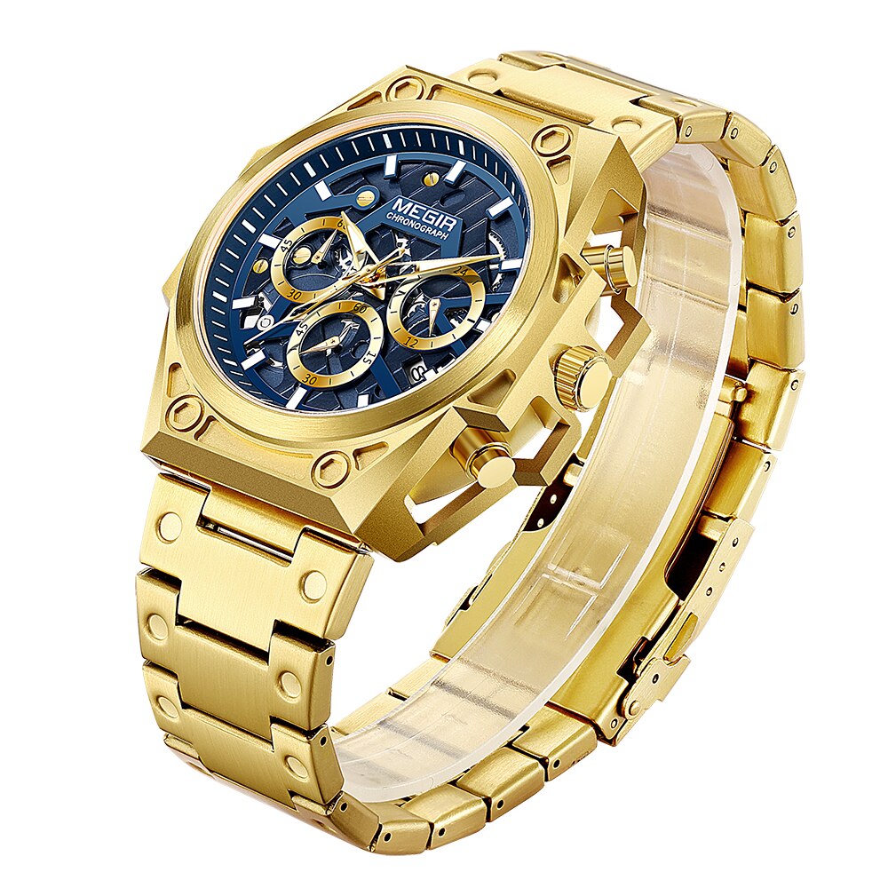 Megir Rvs Heren Horloges Waterdicht Sport Mannen Quartz Horloges Chronograaf Stop Horloges Voor Man Man Klokuur: Gold Blue(steel)