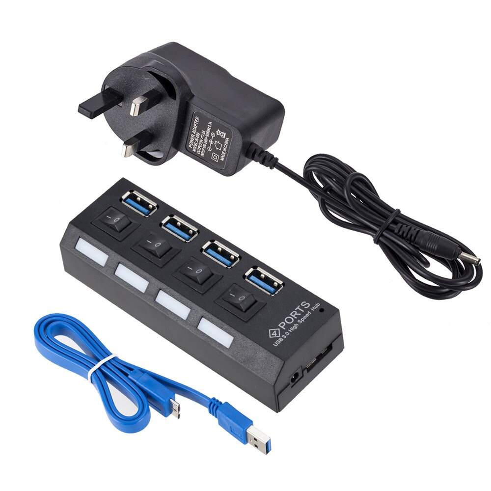 Grwibeou USB 3.0 HUB Super Speed 5Gbps usb3.0 4 Ports HUB Portable USB 3.0 HUB Splitter With External Power Adapter For PC Acc: 4 Ports UK PLUG