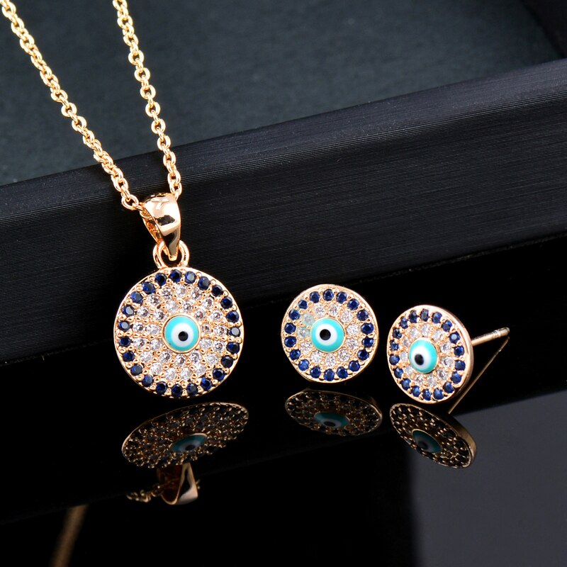 SINLEERY – collier et boucles d'oreilles mauvais œil bleu porte-bonheur, ensemble de bijoux pour femmes, petit pendentif rond, bijoux de d'été, , ZD1 SSP: necklace earring
