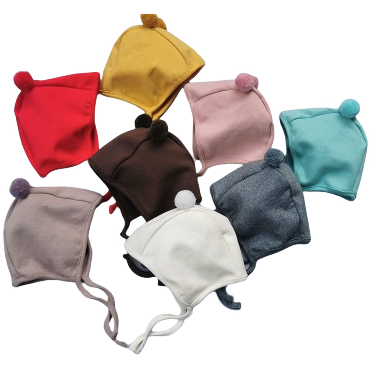 Winter Baby Boy Girl Warm Cap Hat No-Brim Plush Ball Hat Beanie Bear Ears Solid Strap Caps