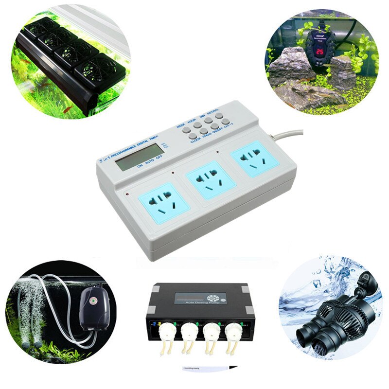 Presa Timer digitale LCD programmabile 3 in 1 controllo del tempo di alimentazione per acquario di pesci illuminazione riscaldatore filtro pompa dosatrice wavitter
