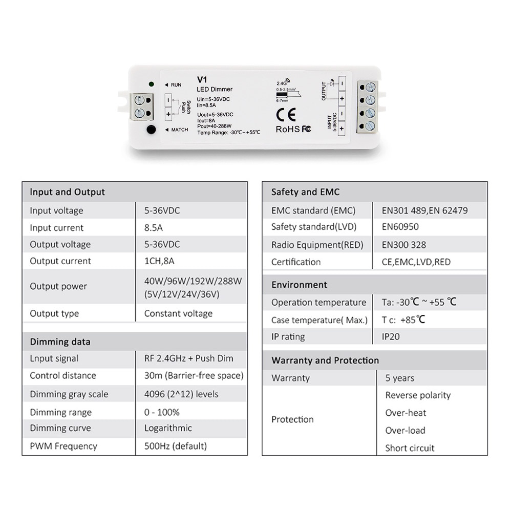 Led-lysdæmper 12v 5v 24v 36v 8a pwm trådløs rf-switch med 2.4g lysstyrkejusterings-fjernbetjening til enkeltfarvet led-strip  v1