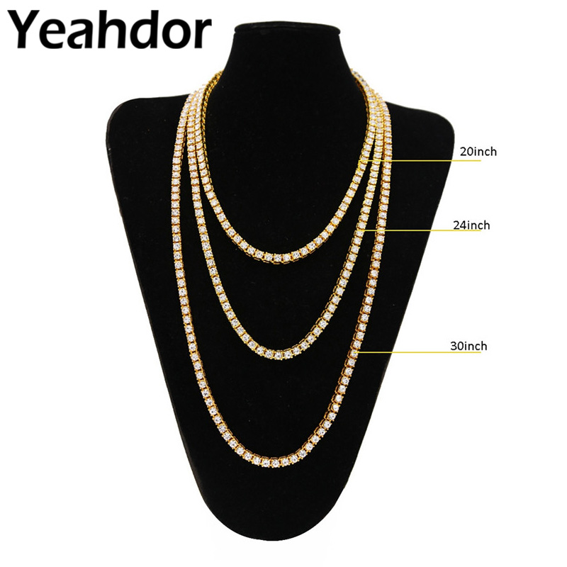 White/Gold/Black 20/24/30 Inch 1 Row 4MM Simulated Lab Diamonds Chain Hip Hop Style Tennis Necklace Men Outfits Party Clubwear