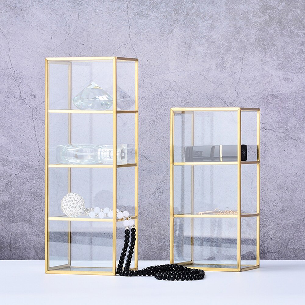 Caja de almacenaje para maquillaje Vintage, joyero de mesa de cristal dorado, clasificación decorativa, organizador cosmético, soporte para brochas de maquillaje