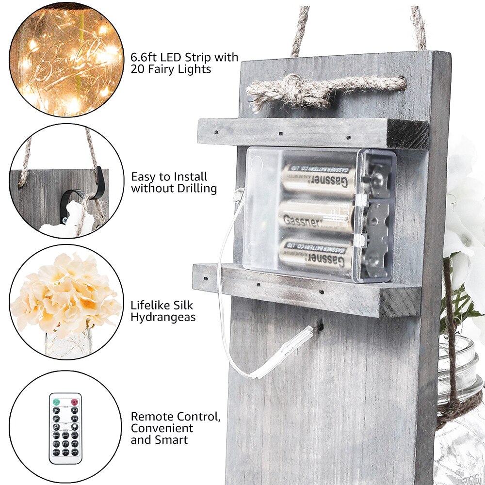 2Pcs Mason Jar Light Remote Control Mason Jar Decor Rustic Wall Sconces Light Hydrangea Flowers LED Strip Lights Mason Jar Light