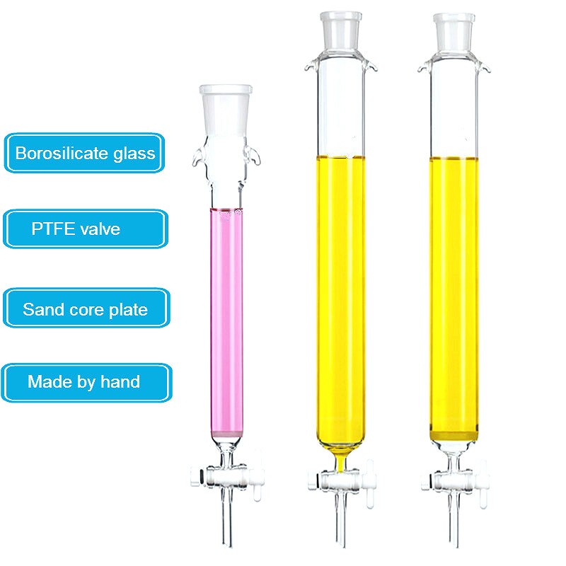 Columna de cromatografía de adsorción, válvula de PTFE, placa de núcleo de arena, vidrio de borosilicato, Diam. 15 mm ~ 70 mm longitud 300 mm